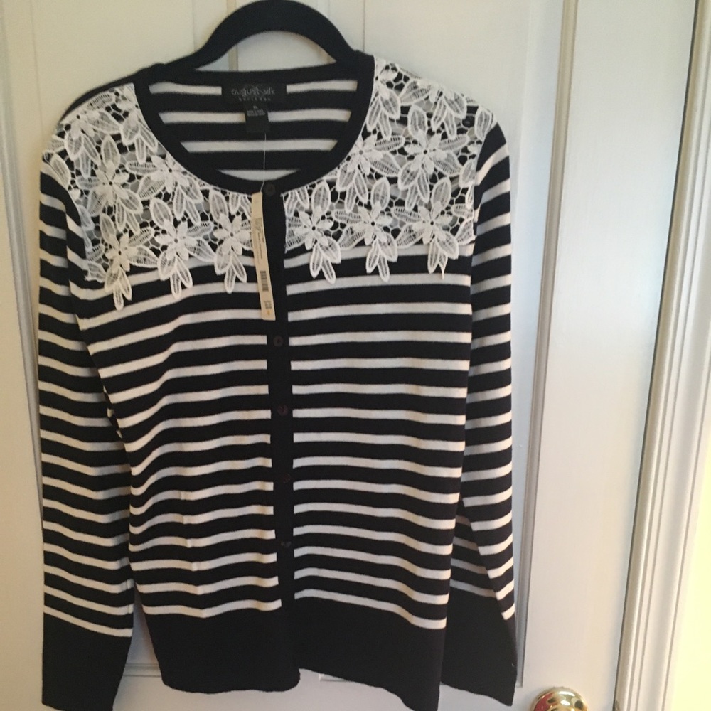 August Silk Navy/White Cardigan NWT